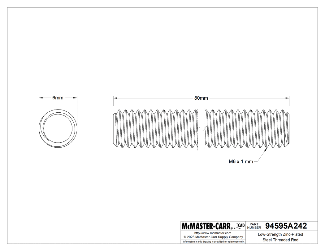 Technical Drawing of Low-Strength Zinc-Plated Steel Threaded Rod, M6 x 1 mm Thread Size, 80 mm Long.